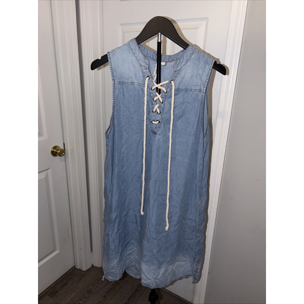 Vanilla Bay Lace Up Light washed denim shirt dress Large Beach Boho Nautical EUC